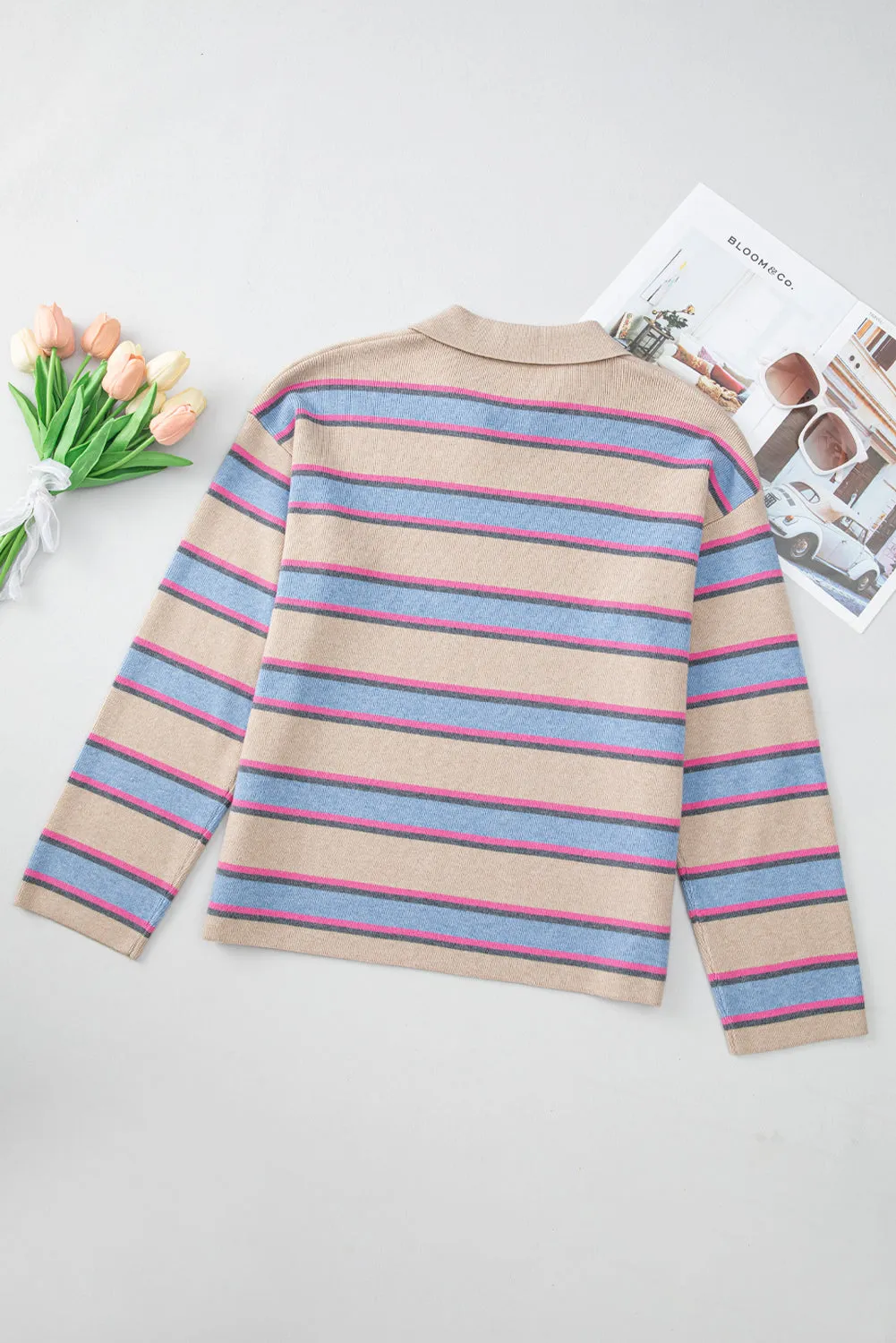 KaleaBoutique Collared V Neck Drop Shoulder Loose Sweater
