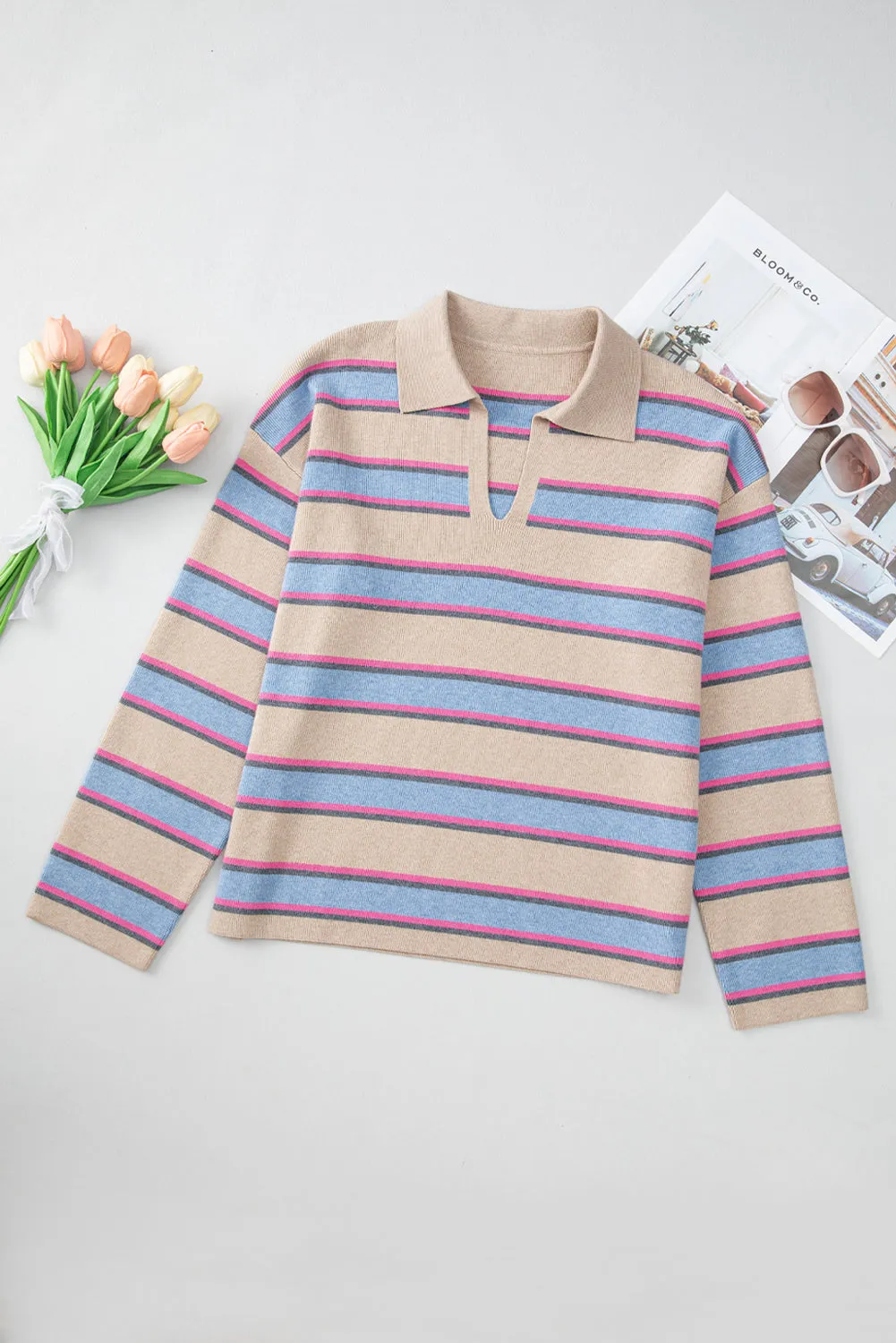 KaleaBoutique Collared V Neck Drop Shoulder Loose Sweater