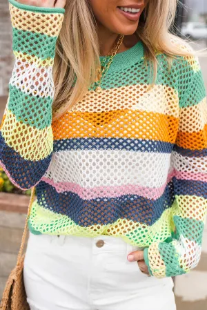 KaleaBoutique Colorblock Patchwork Knit Crochet Eyelet Sweater