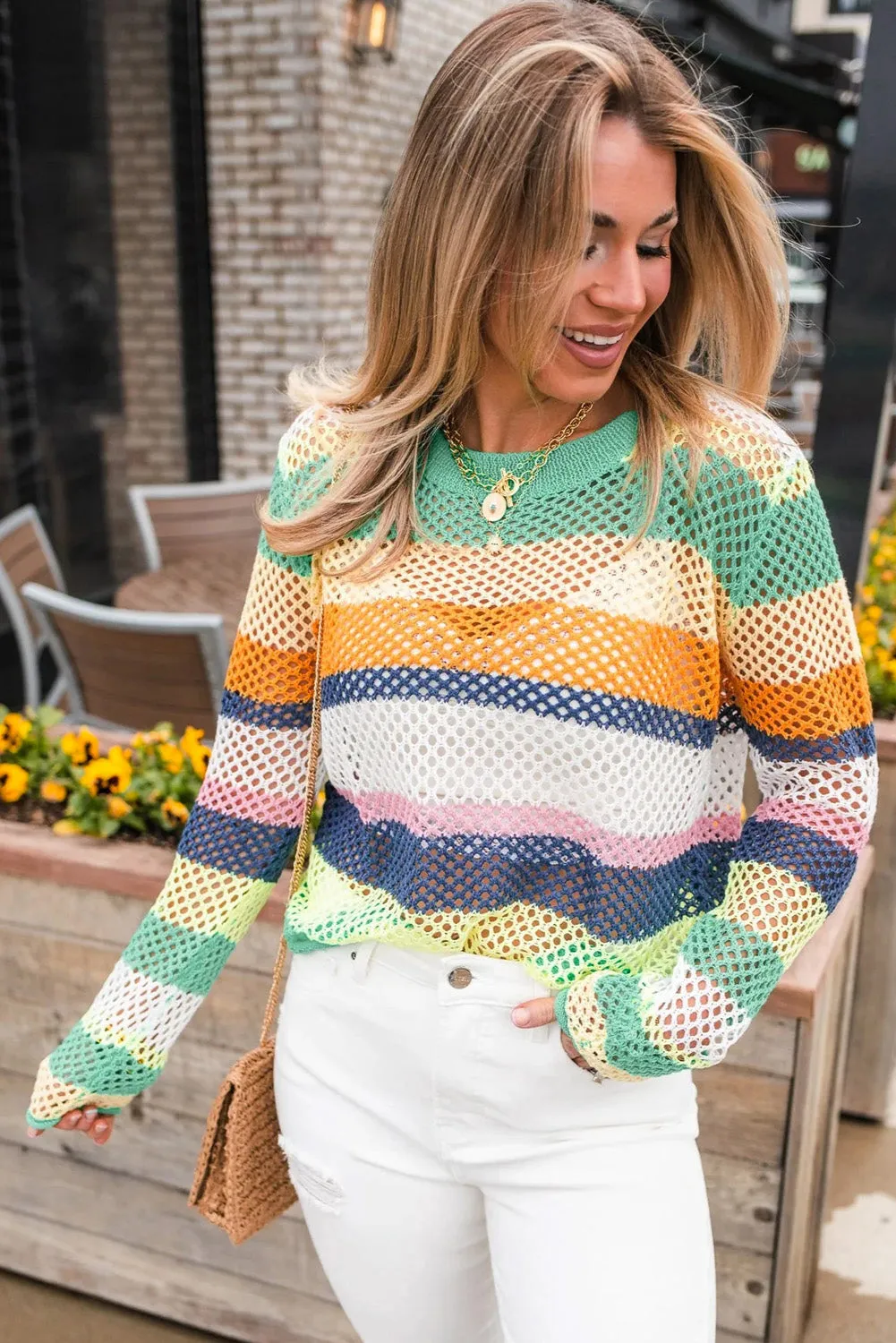 KaleaBoutique Colorblock Patchwork Knit Crochet Eyelet Sweater