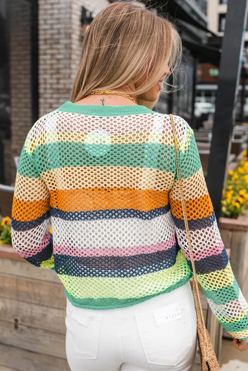 KaleaBoutique Colorblock Patchwork Knit Crochet Eyelet Sweater