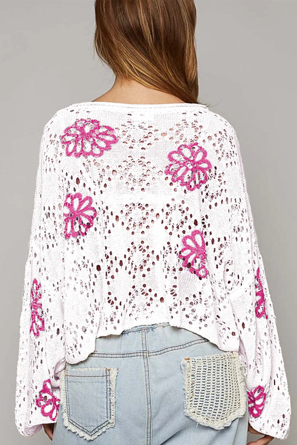 KaleaBoutique Contrast Flower Print Eyelet Drop Shoulder Sweater