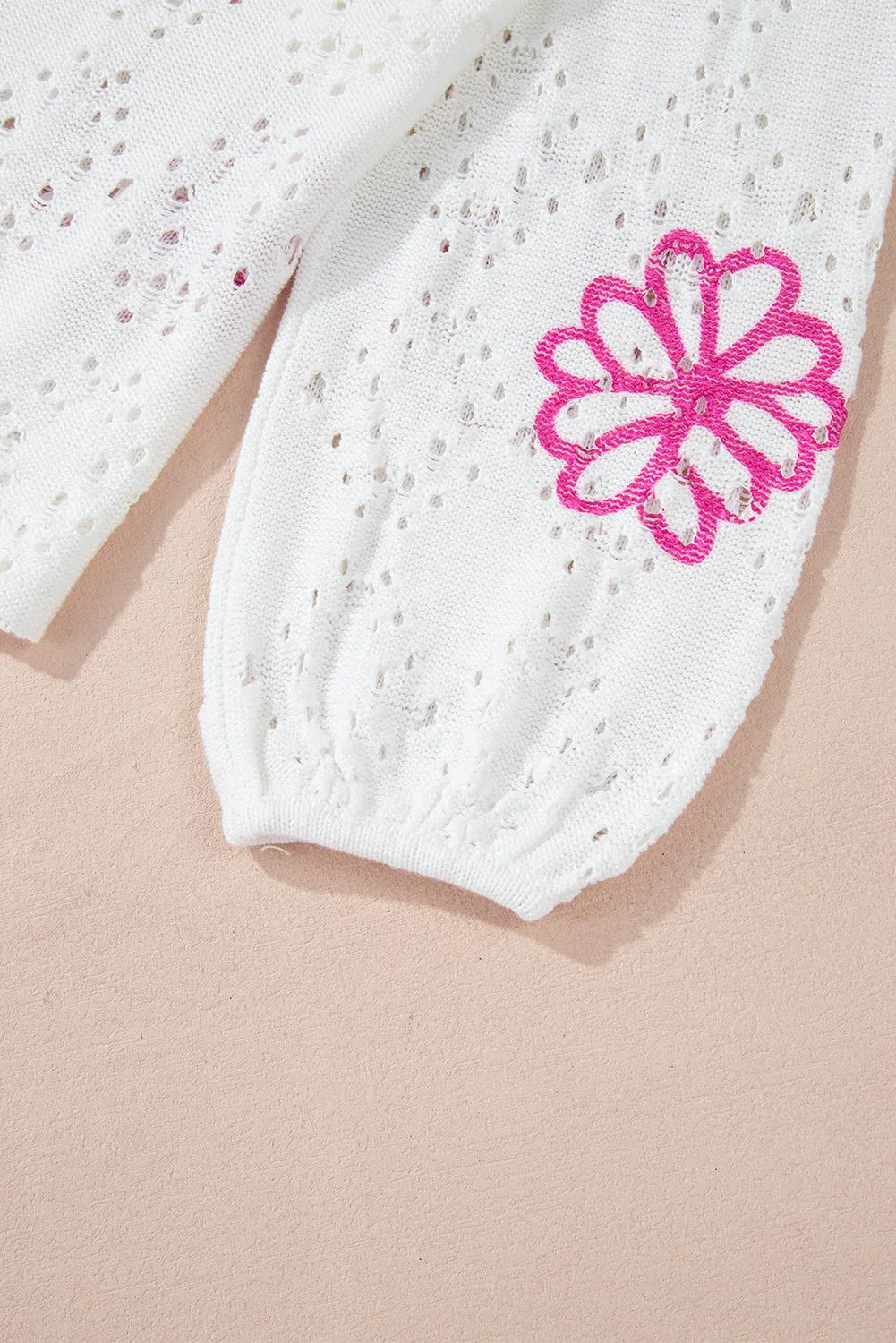 KaleaBoutique Contrast Flower Print Eyelet Drop Shoulder Sweater