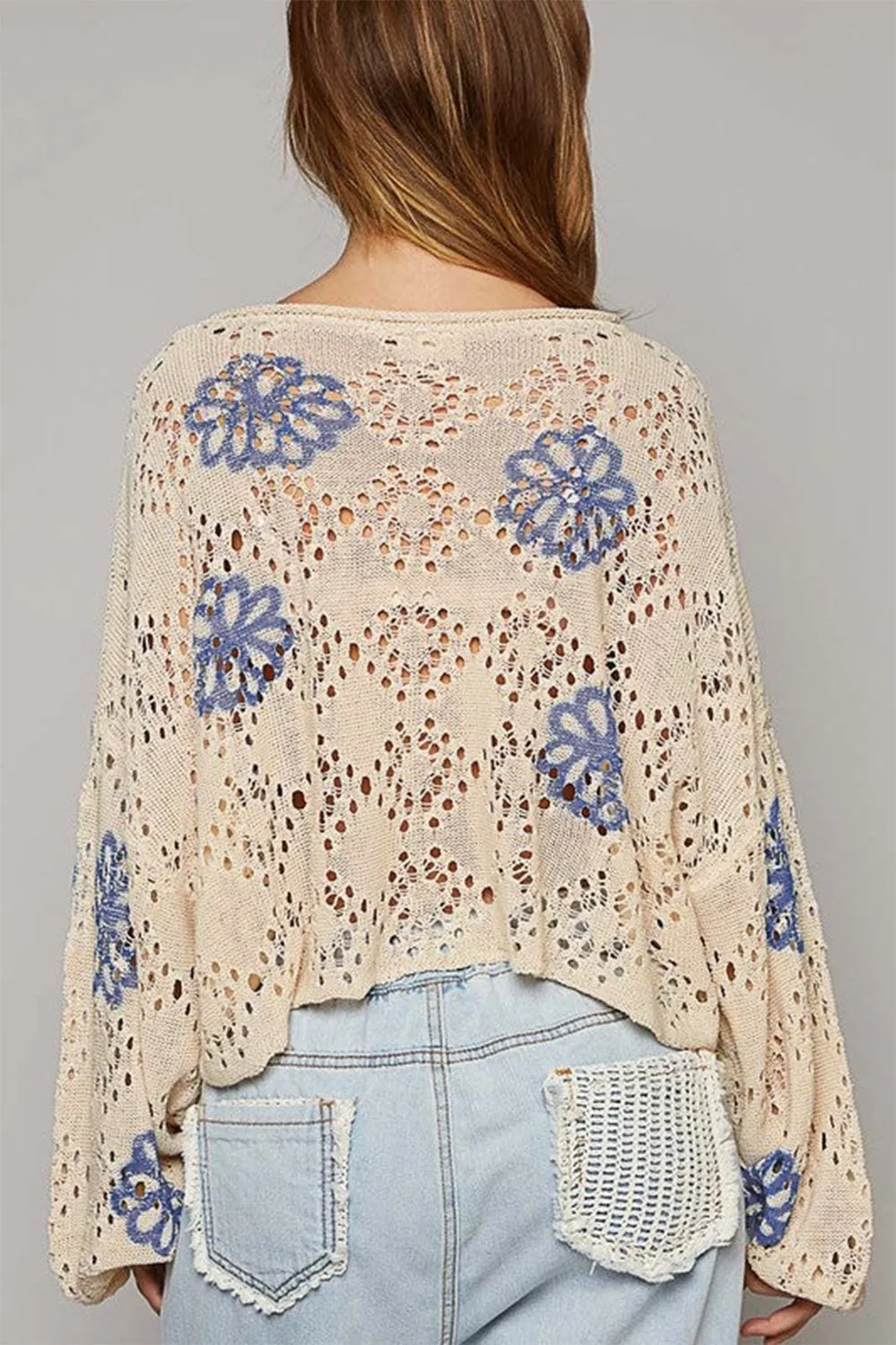 KaleaBoutique Contrast Flower Print Eyelet Drop Shoulder Sweater