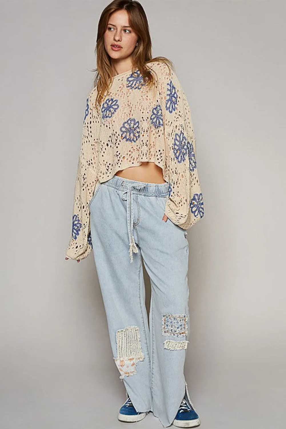 KaleaBoutique Contrast Flower Print Eyelet Drop Shoulder Sweater