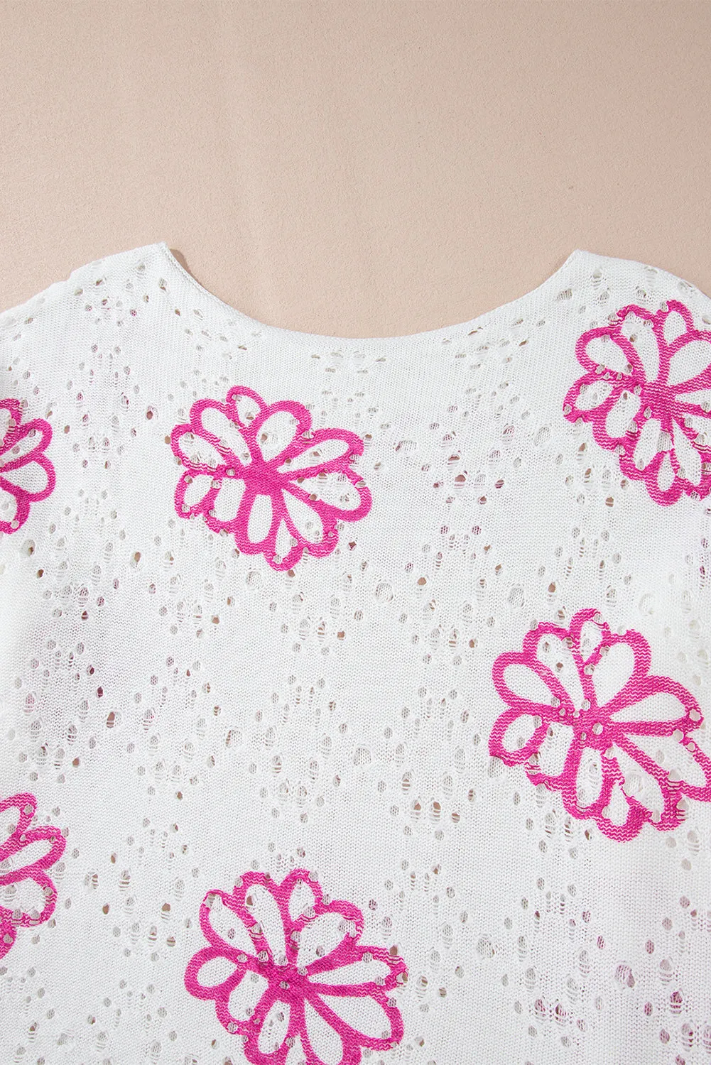 KaleaBoutique Contrast Flower Print Eyelet Drop Shoulder Sweater