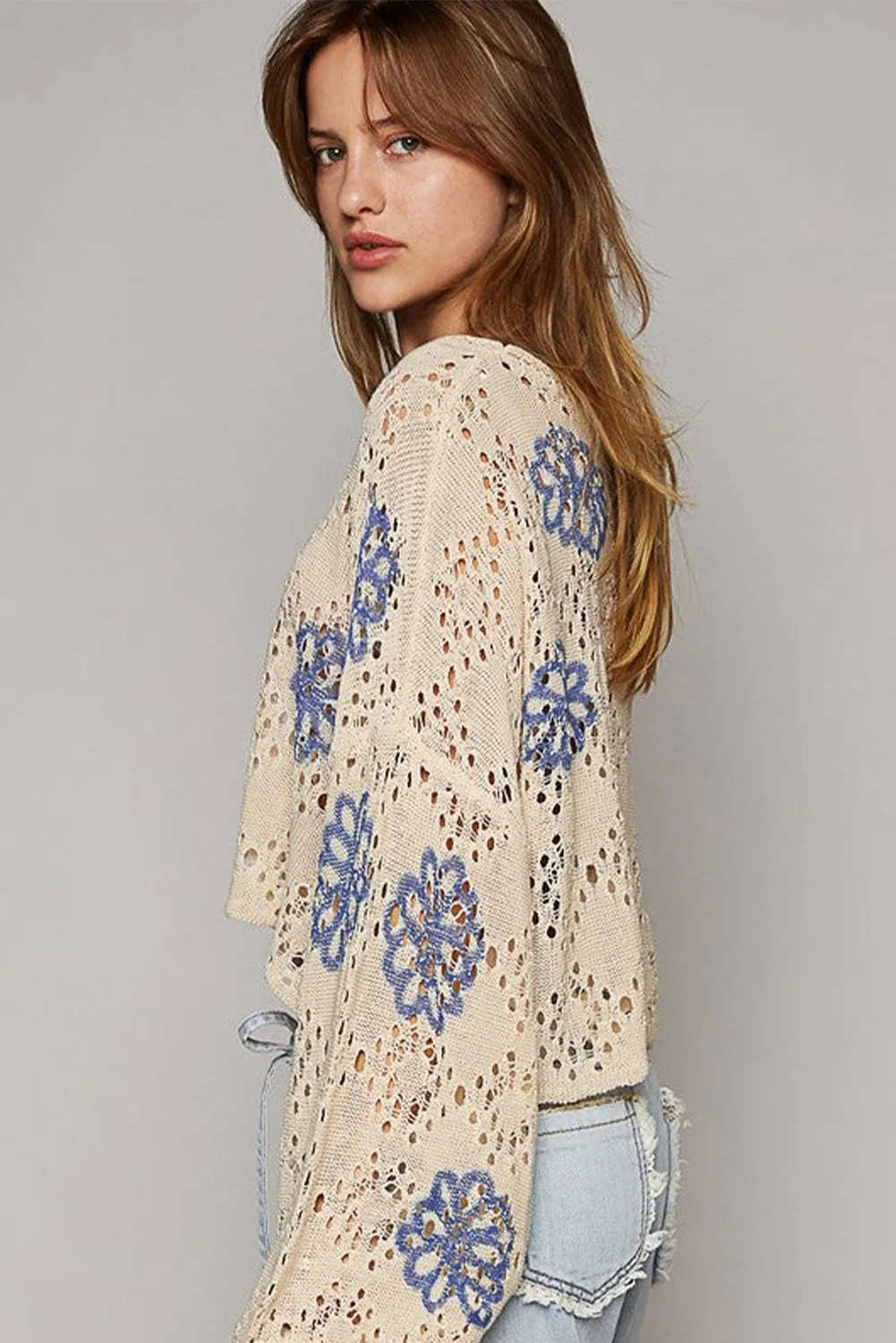 KaleaBoutique Contrast Flower Print Eyelet Drop Shoulder Sweater
