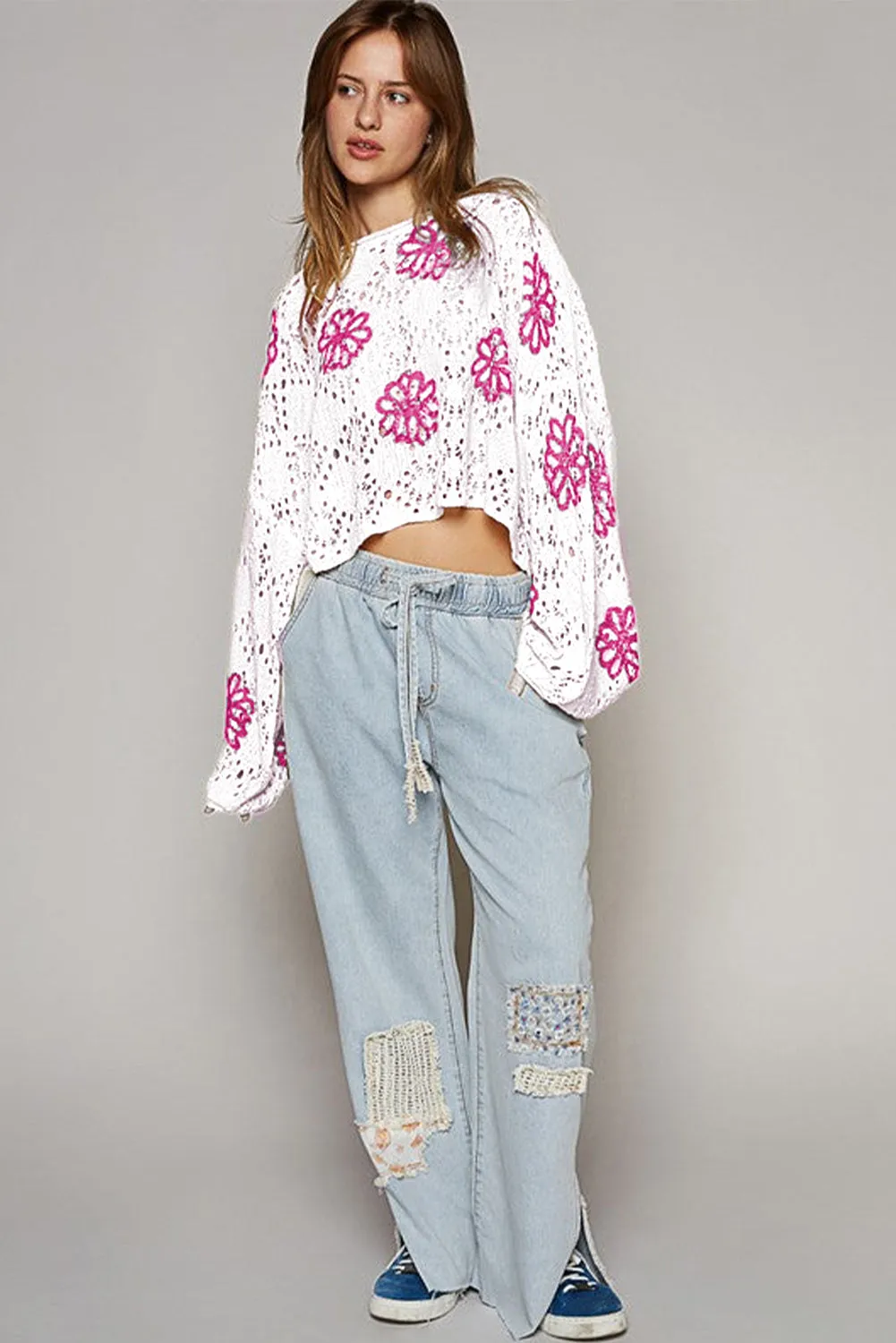 KaleaBoutique Contrast Flower Print Eyelet Drop Shoulder Sweater