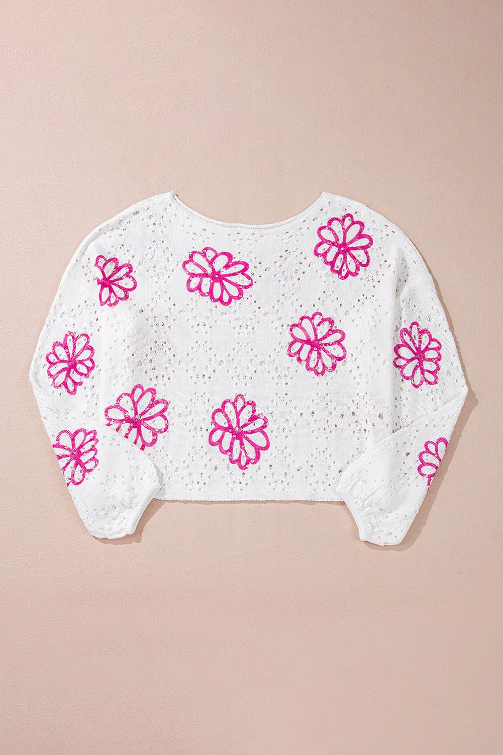KaleaBoutique Contrast Flower Print Eyelet Drop Shoulder Sweater