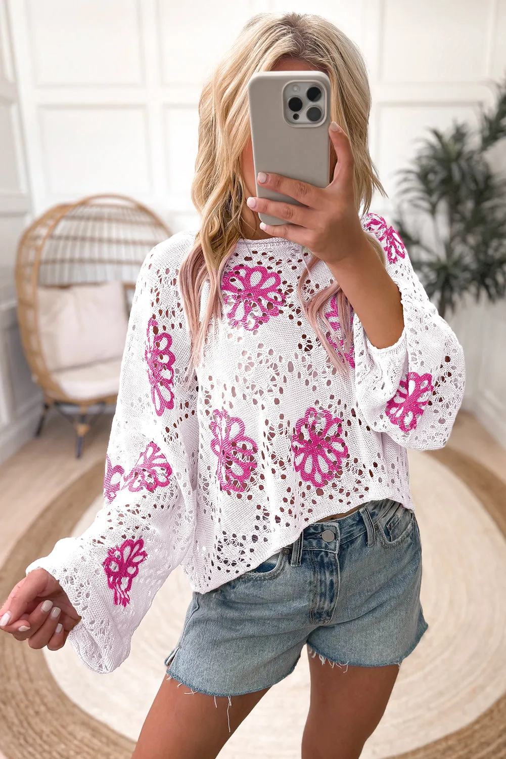 KaleaBoutique Contrast Flower Print Eyelet Drop Shoulder Sweater