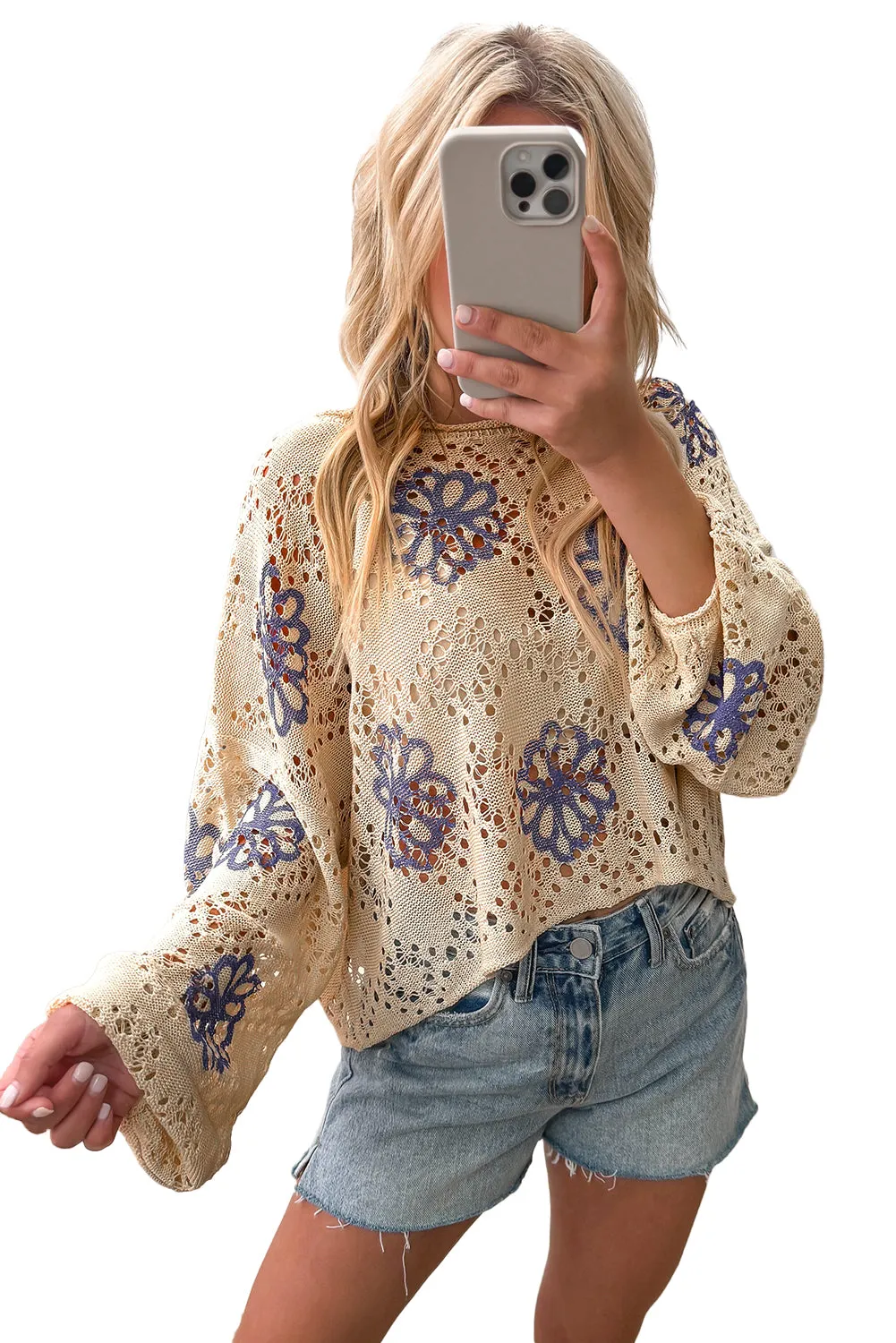 KaleaBoutique Contrast Flower Print Eyelet Drop Shoulder Sweater
