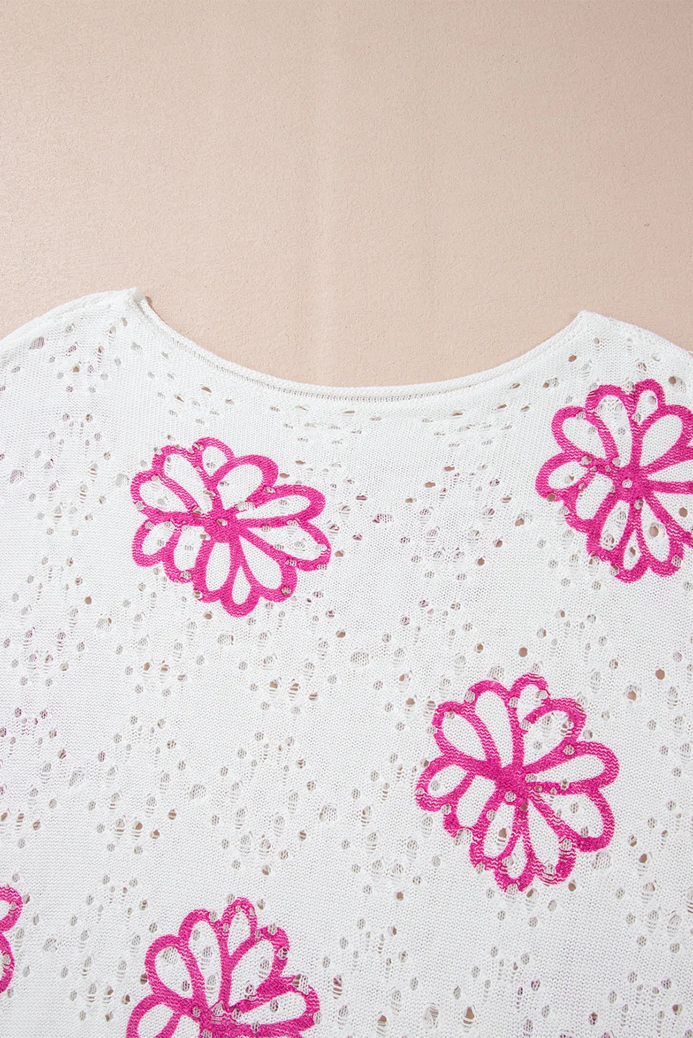 KaleaBoutique Contrast Flower Print Eyelet Drop Shoulder Sweater