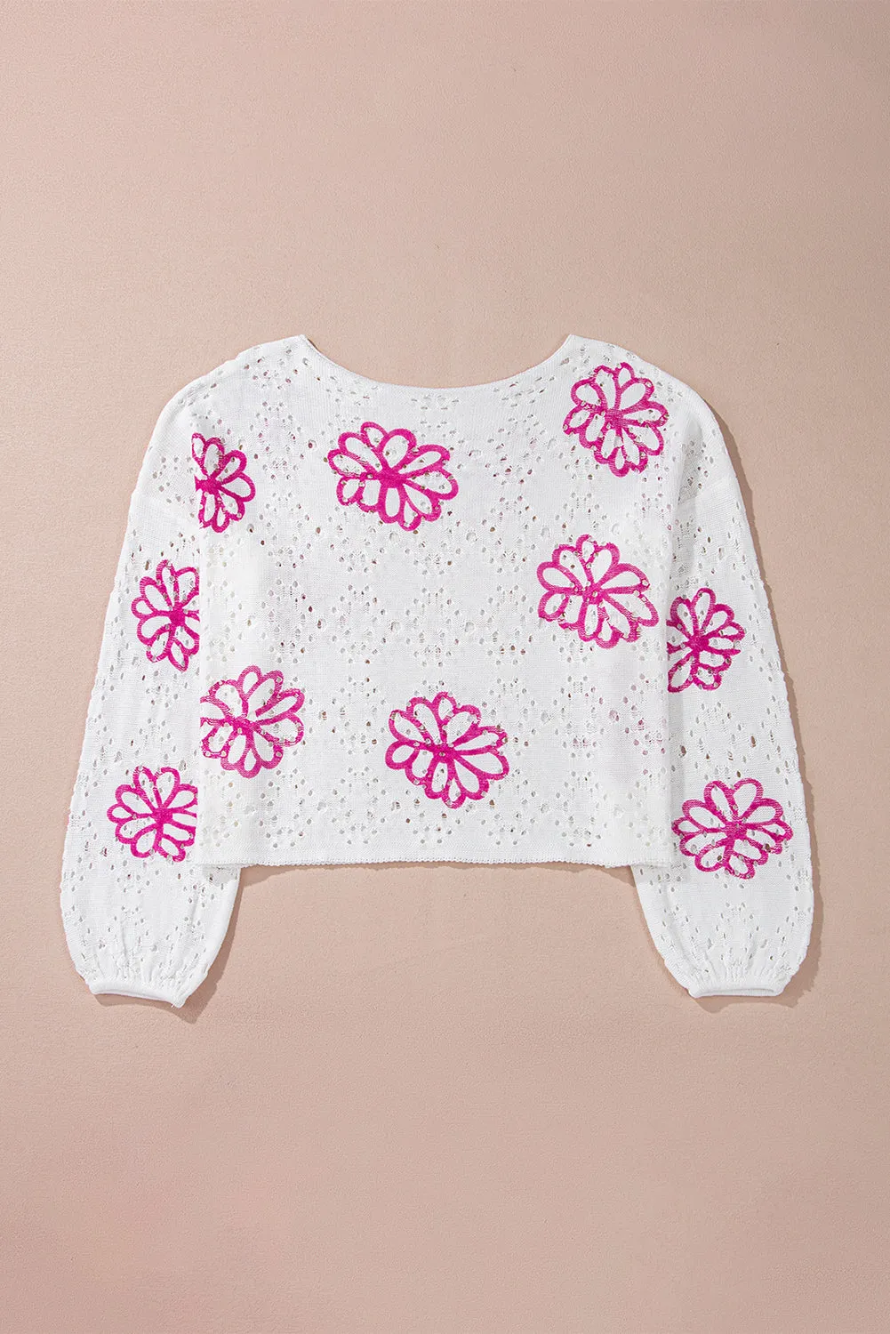 KaleaBoutique Contrast Flower Print Eyelet Drop Shoulder Sweater