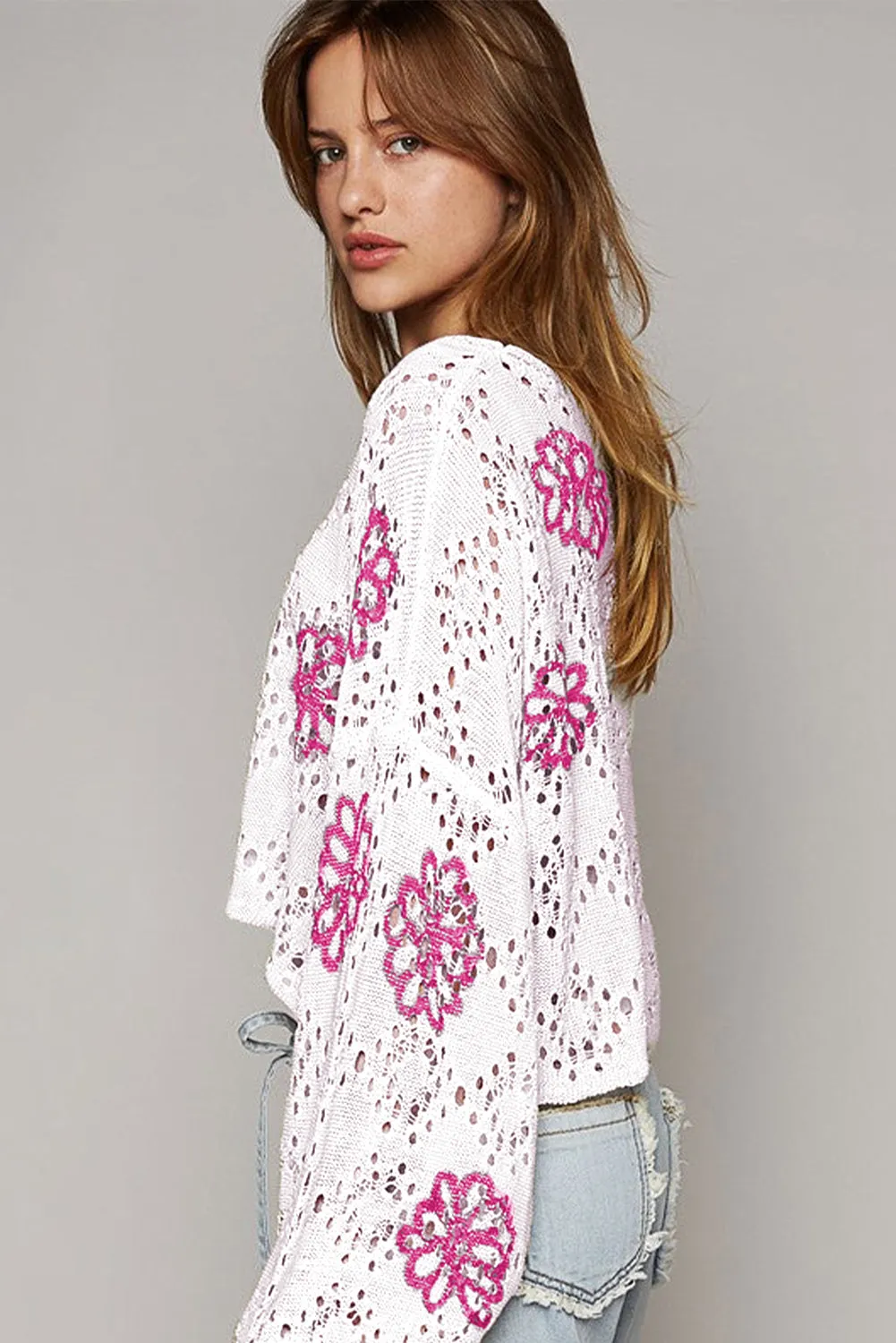 KaleaBoutique Contrast Flower Print Eyelet Drop Shoulder Sweater