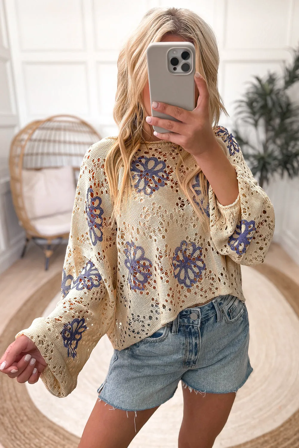 KaleaBoutique Contrast Flower Print Eyelet Drop Shoulder Sweater