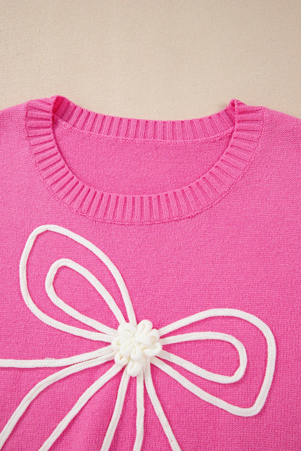 KaleaBoutique Corded Flower Bow Ribbed Trim Casual Sweater