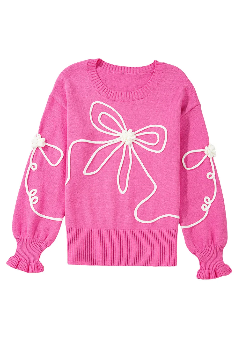 KaleaBoutique Corded Flower Bow Ribbed Trim Casual Sweater