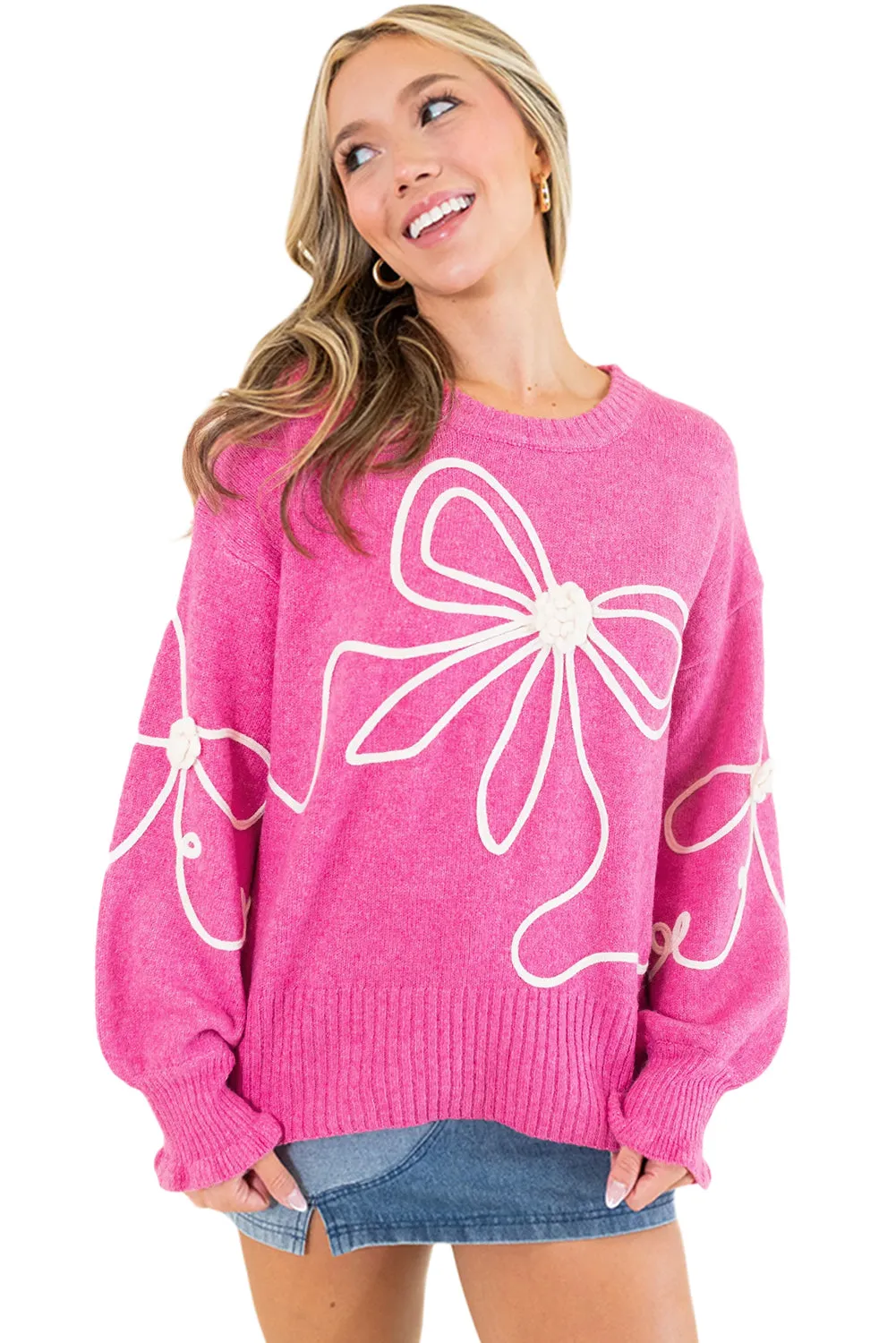 KaleaBoutique Corded Flower Bow Ribbed Trim Casual Sweater