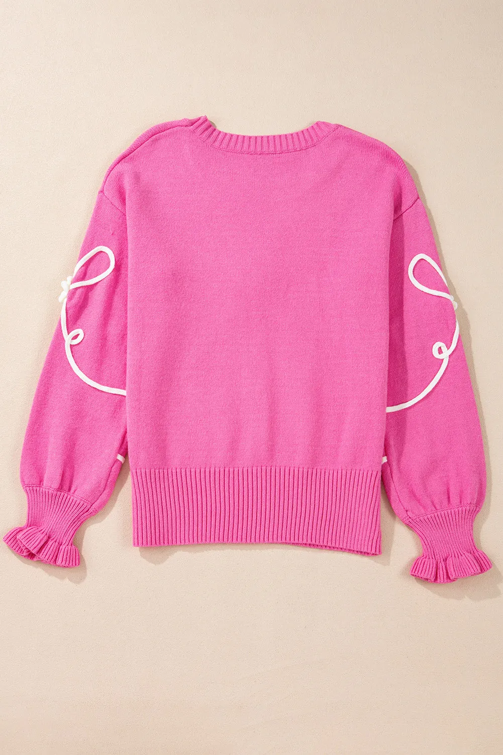 KaleaBoutique Corded Flower Bow Ribbed Trim Casual Sweater