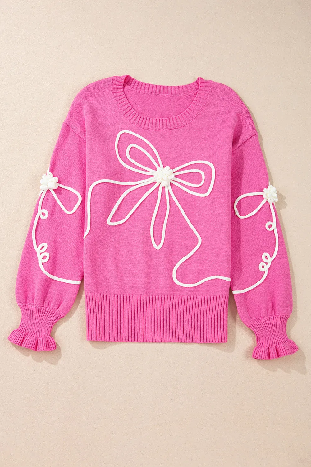 KaleaBoutique Corded Flower Bow Ribbed Trim Casual Sweater