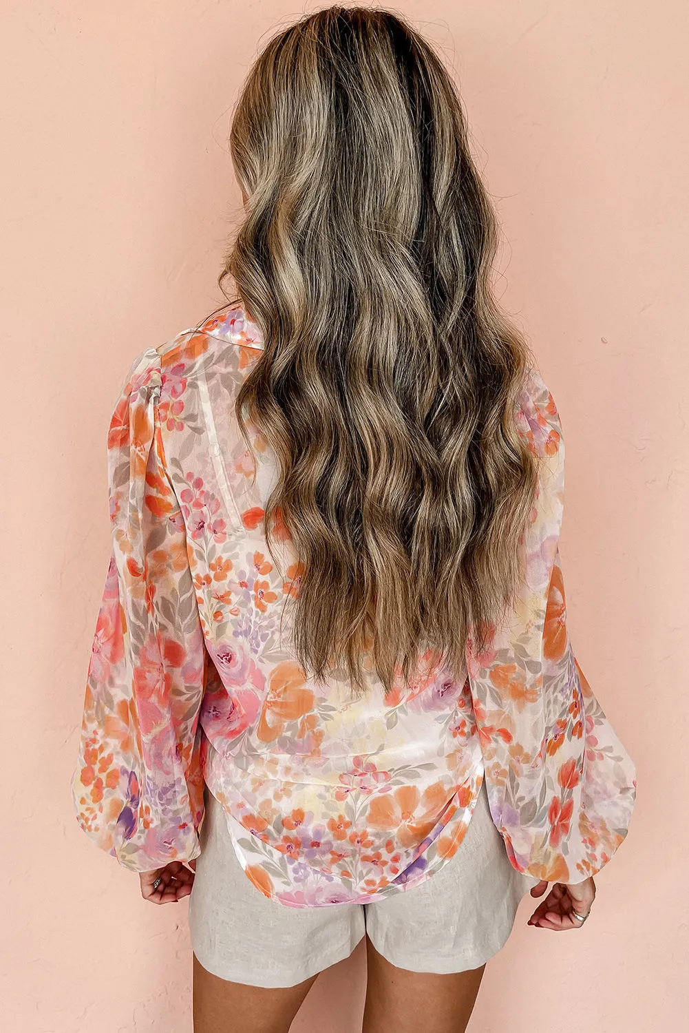KaleaBoutique Floral Print Collared Balloon Sleeve Loose Shirt