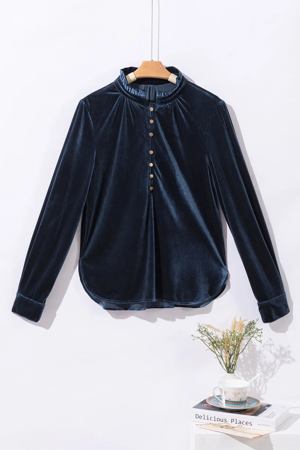 KaleaBoutique Frilled Neck Buttoned Front Velvet Top