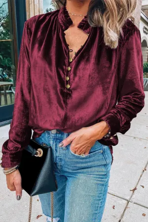 KaleaBoutique Frilled Neck Buttoned Front Velvet Top