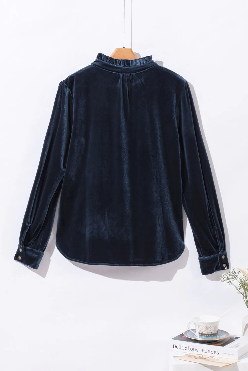 KaleaBoutique Frilled Neck Buttoned Front Velvet Top