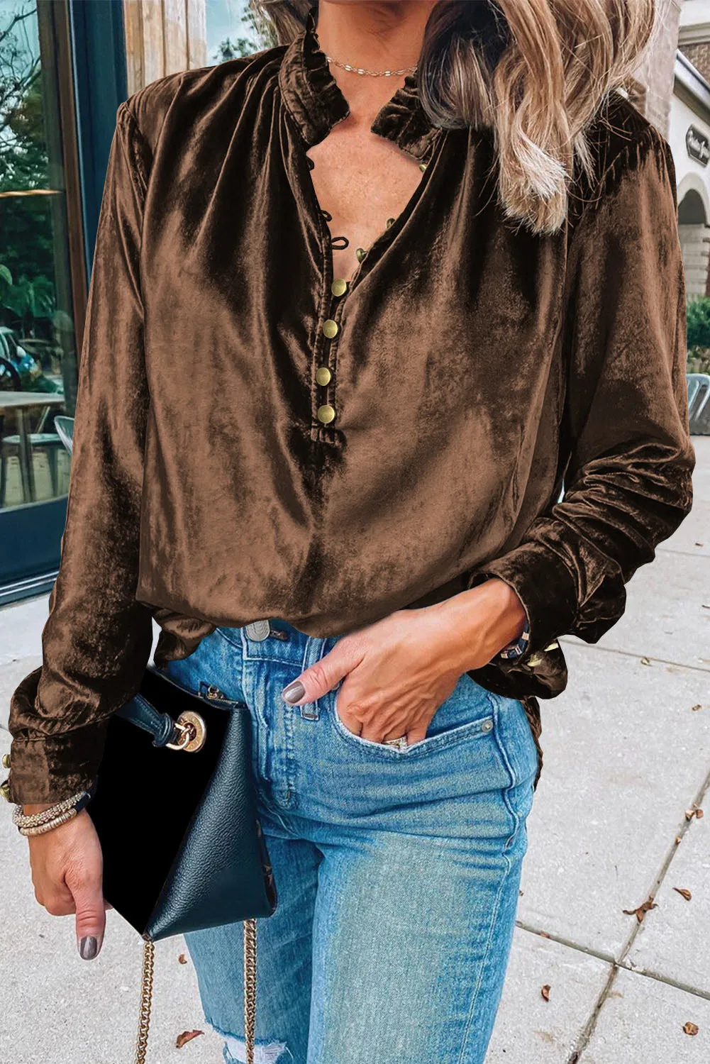KaleaBoutique Frilled Neck Buttoned Front Velvet Top