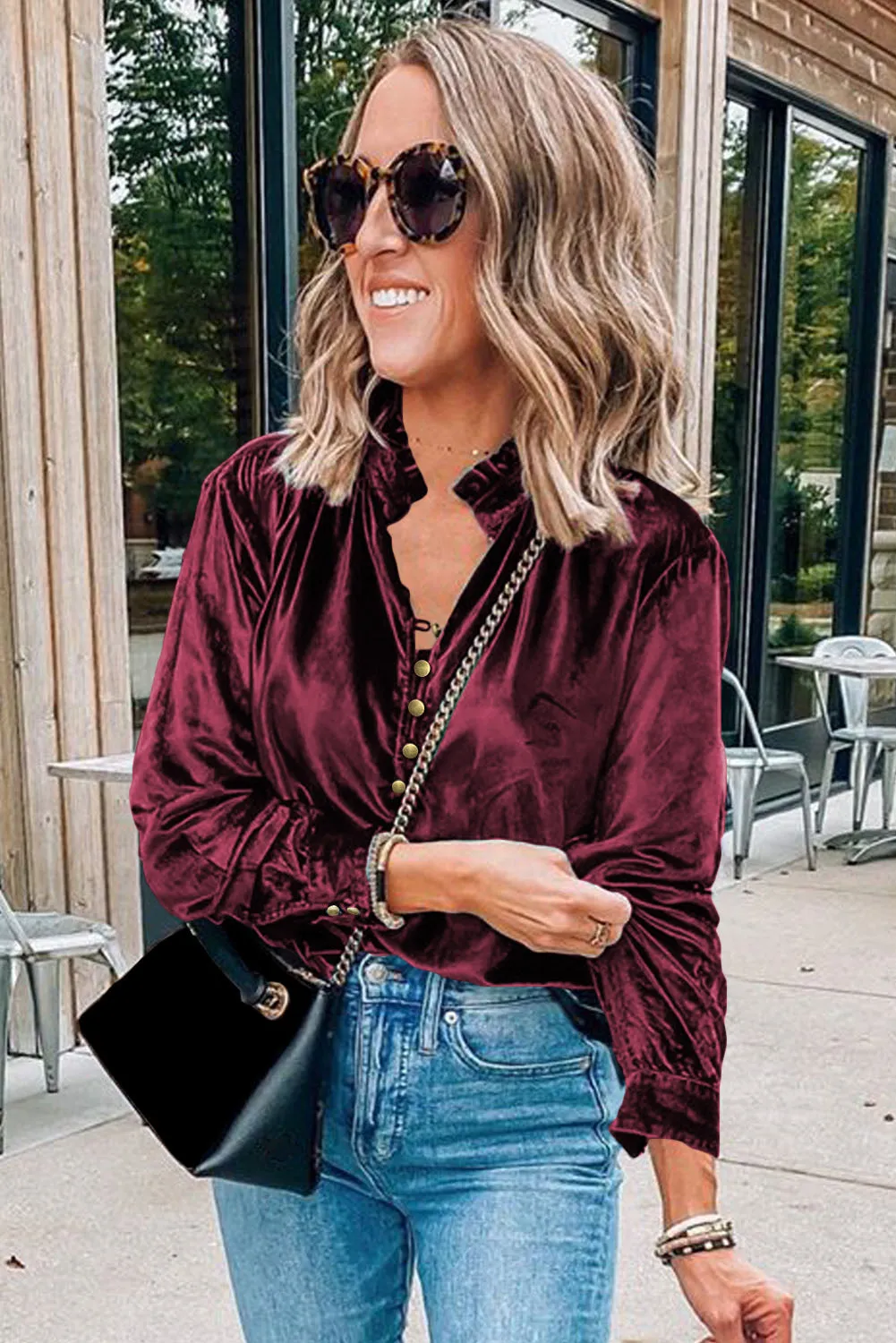 KaleaBoutique Frilled Neck Buttoned Front Velvet Top