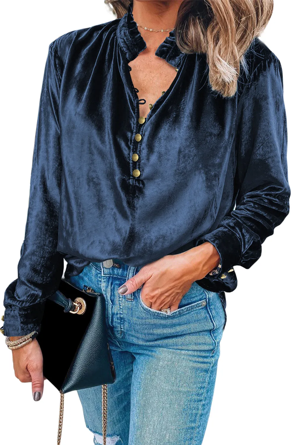 KaleaBoutique Frilled Neck Buttoned Front Velvet Top