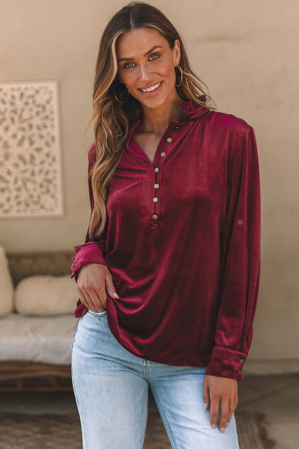 KaleaBoutique Frilled Neck Buttoned Front Velvet Top