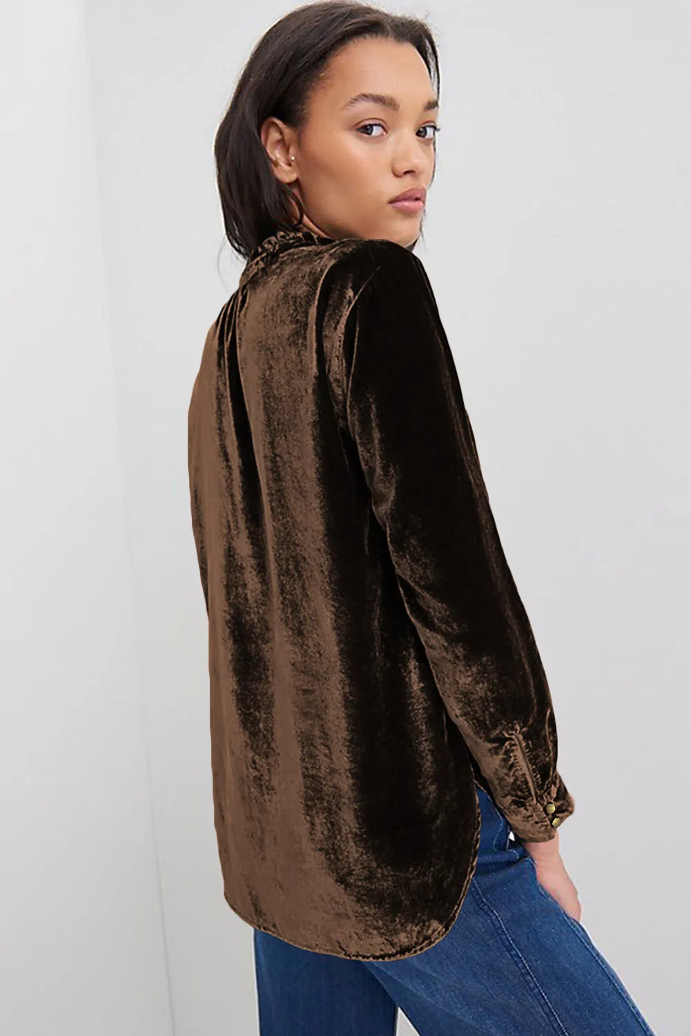KaleaBoutique Frilled Neck Buttoned Front Velvet Top