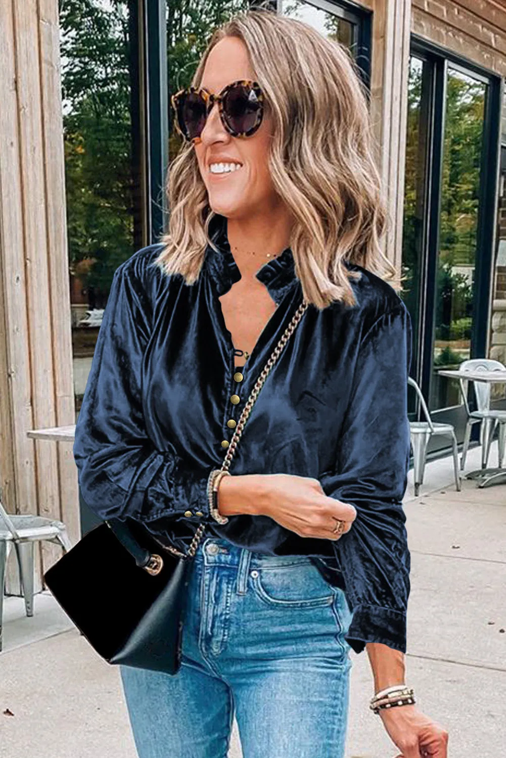 KaleaBoutique Frilled Neck Buttoned Front Velvet Top