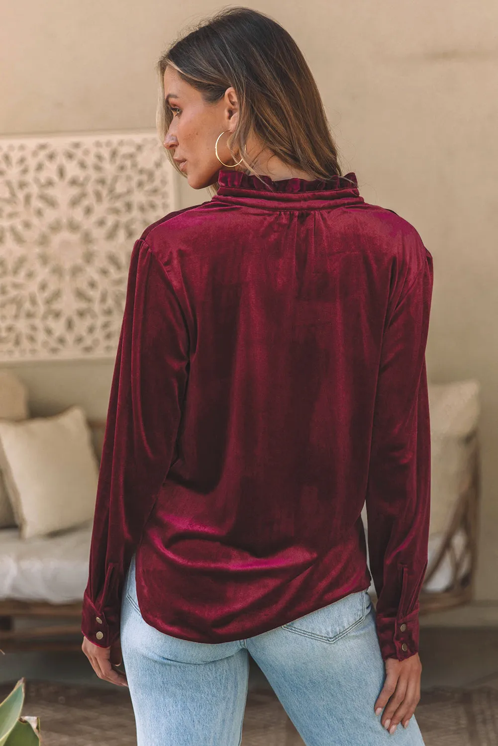 KaleaBoutique Frilled Neck Buttoned Front Velvet Top