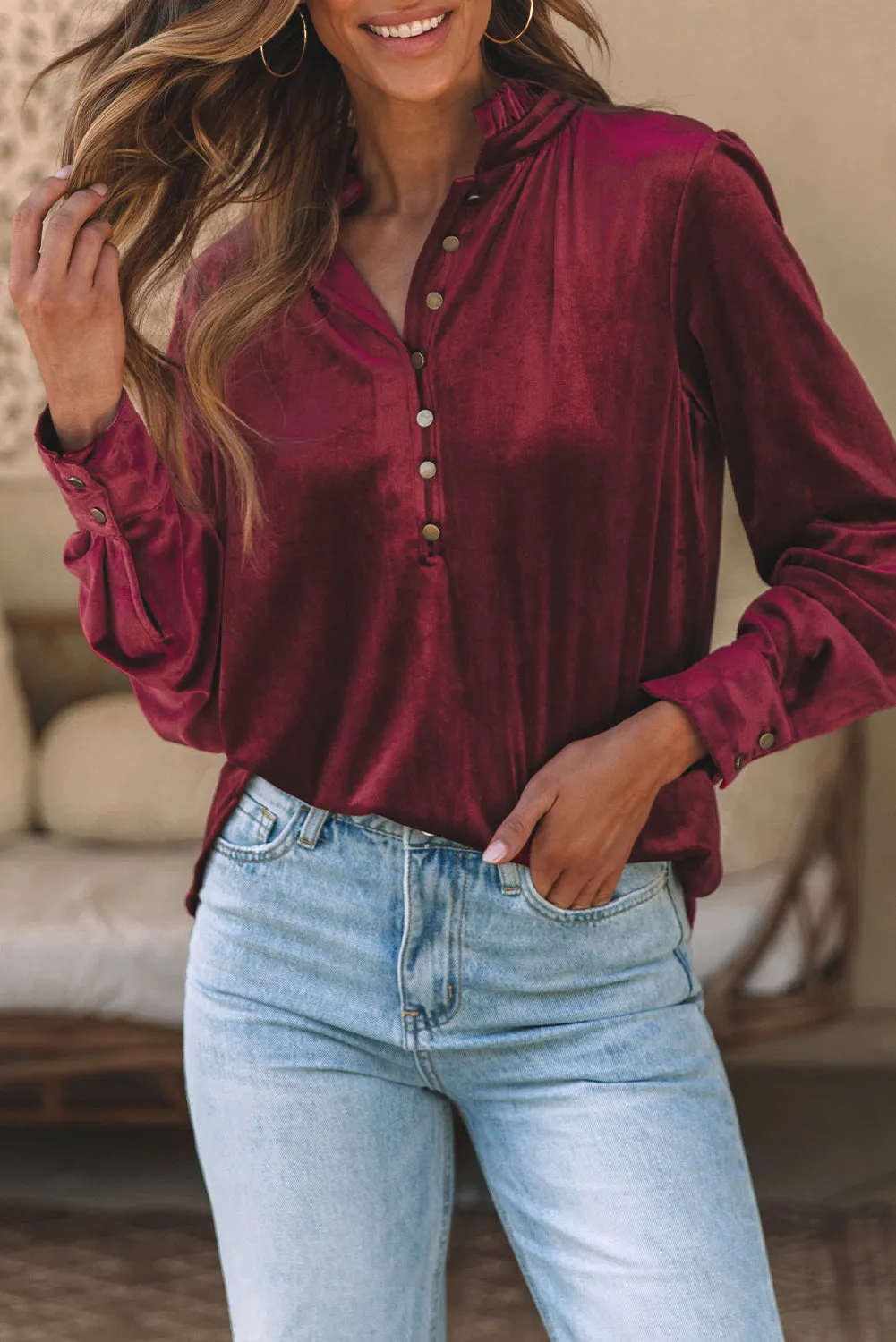 KaleaBoutique Frilled Neck Buttoned Front Velvet Top