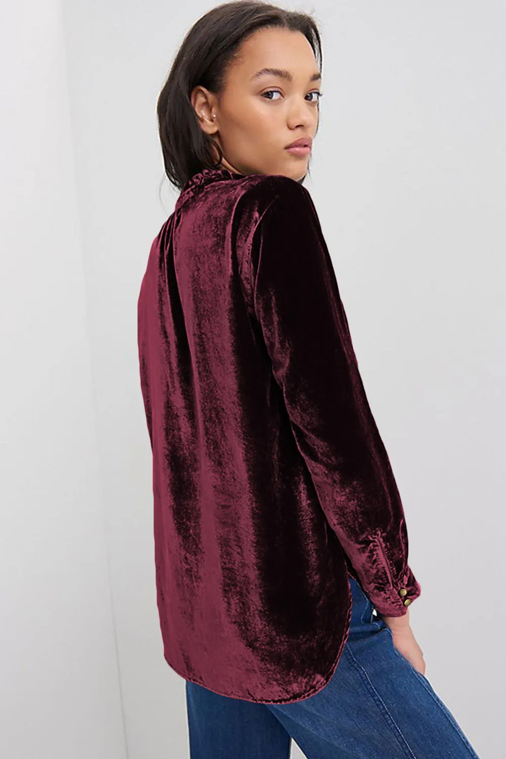 KaleaBoutique Frilled Neck Buttoned Front Velvet Top