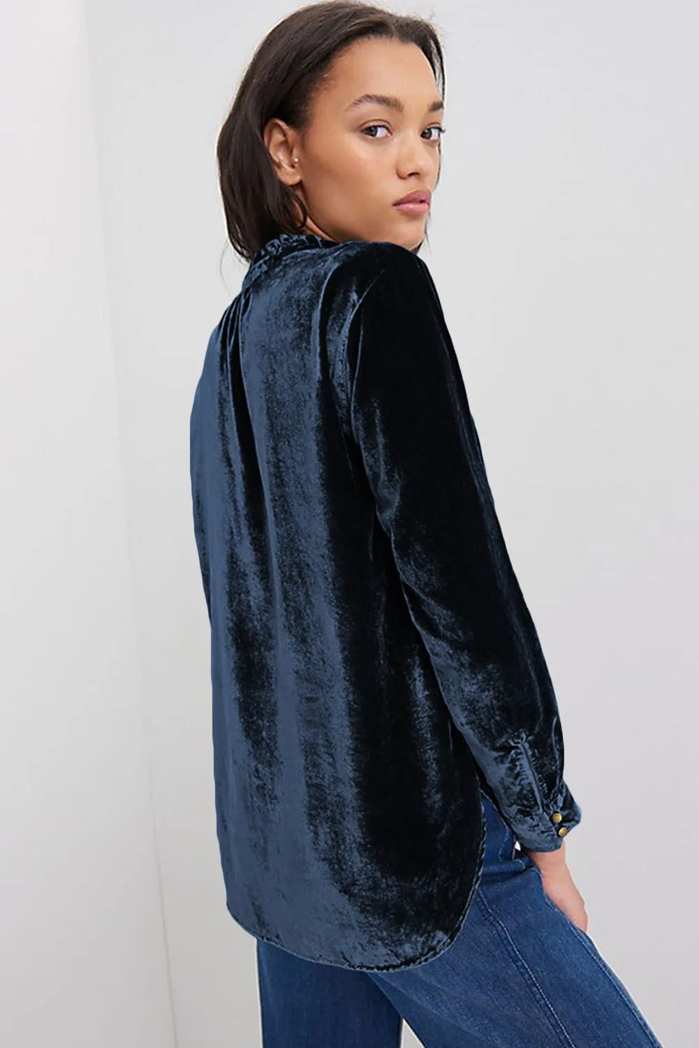 KaleaBoutique Frilled Neck Buttoned Front Velvet Top