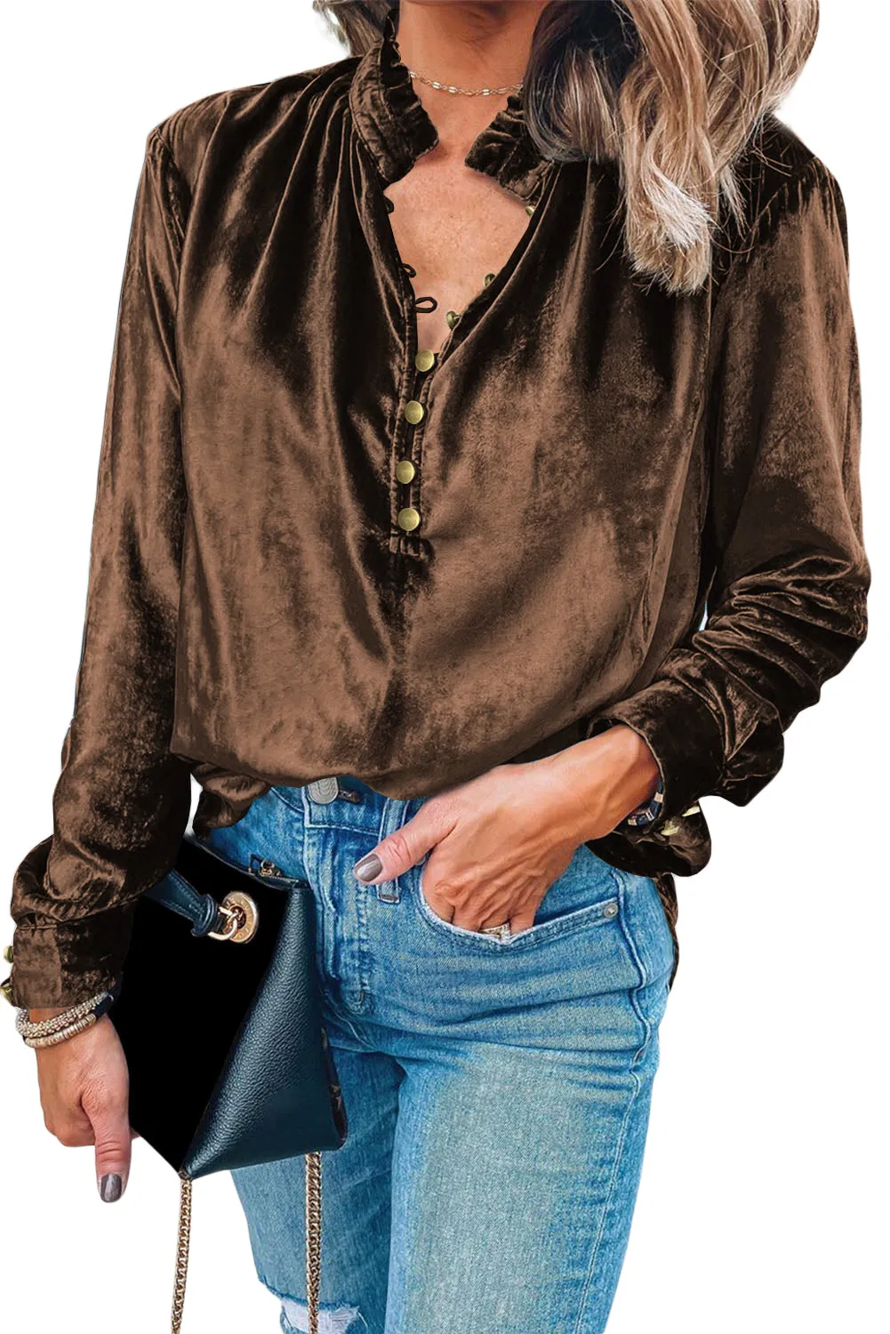 KaleaBoutique Frilled Neck Buttoned Front Velvet Top