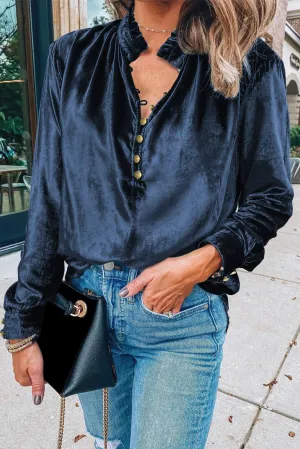 KaleaBoutique Frilled Neck Buttoned Front Velvet Top