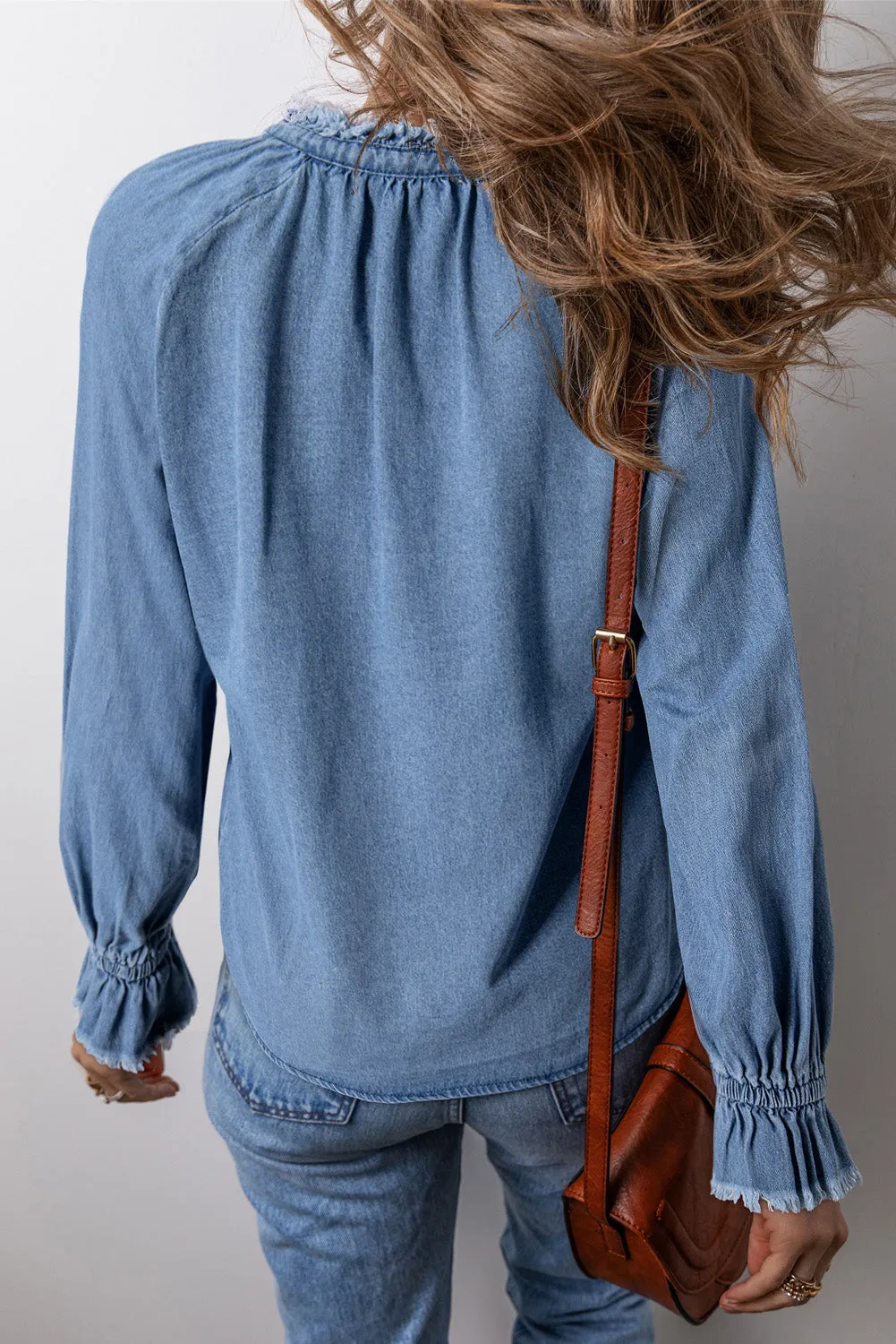 KaleaBoutique Frilled Raw Hem Half Buttoned Denim Top