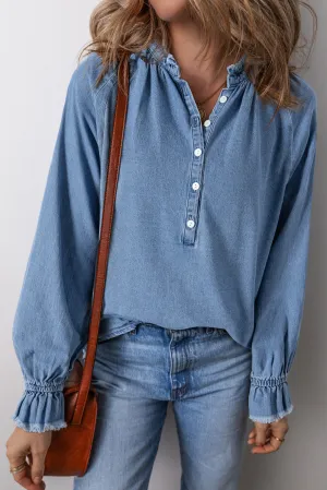 KaleaBoutique Frilled Raw Hem Half Buttoned Denim Top