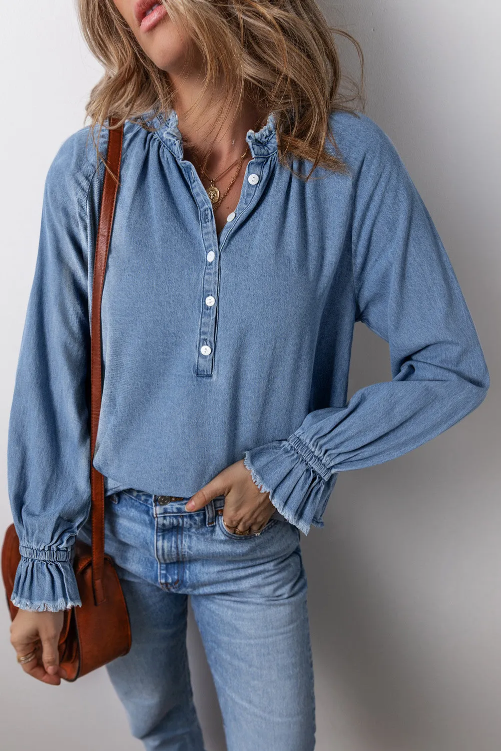 KaleaBoutique Frilled Raw Hem Half Buttoned Denim Top