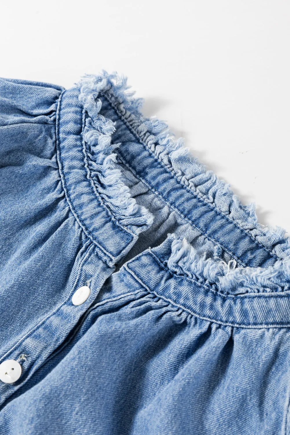 KaleaBoutique Frilled Raw Hem Half Buttoned Denim Top