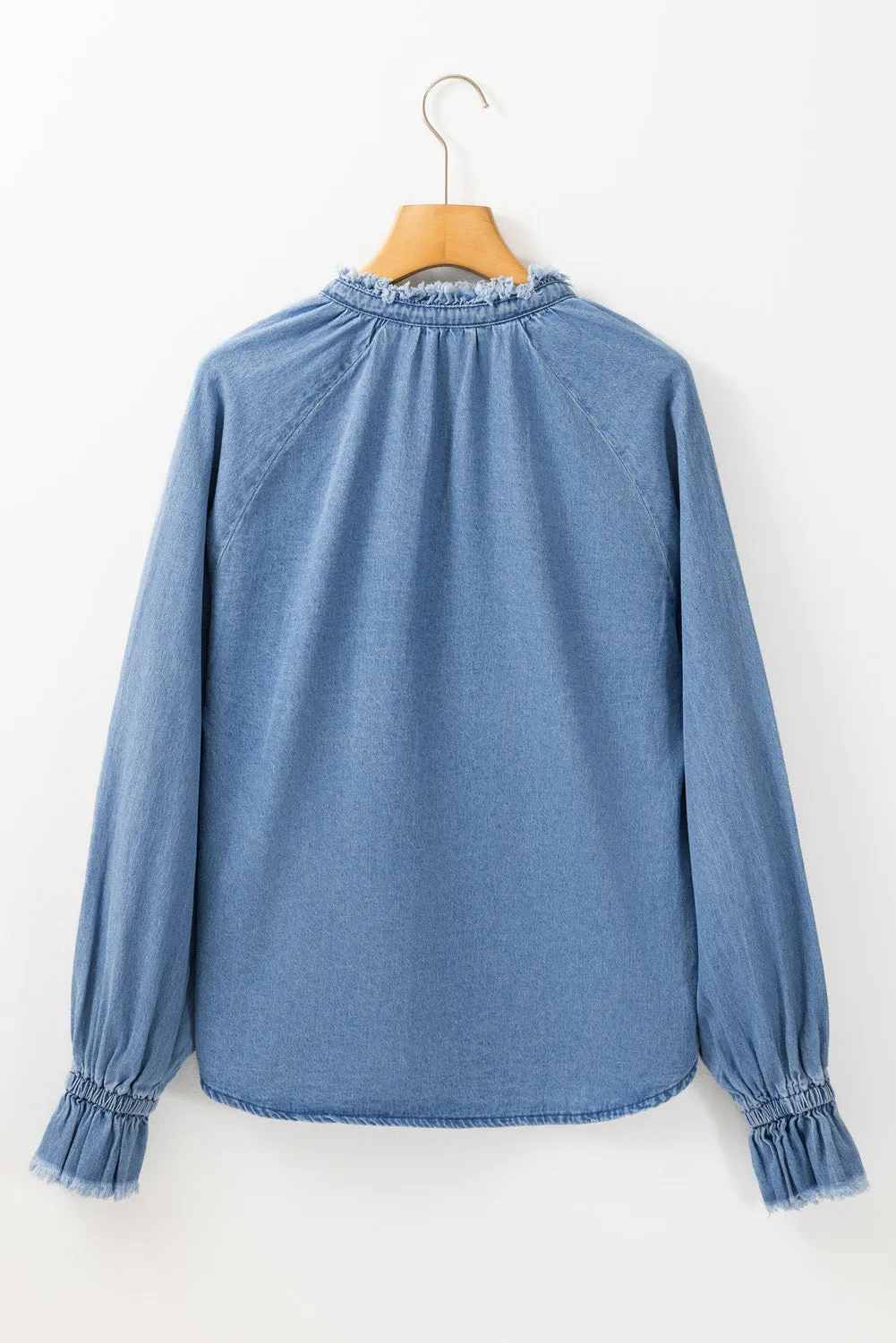 KaleaBoutique Frilled Raw Hem Half Buttoned Denim Top