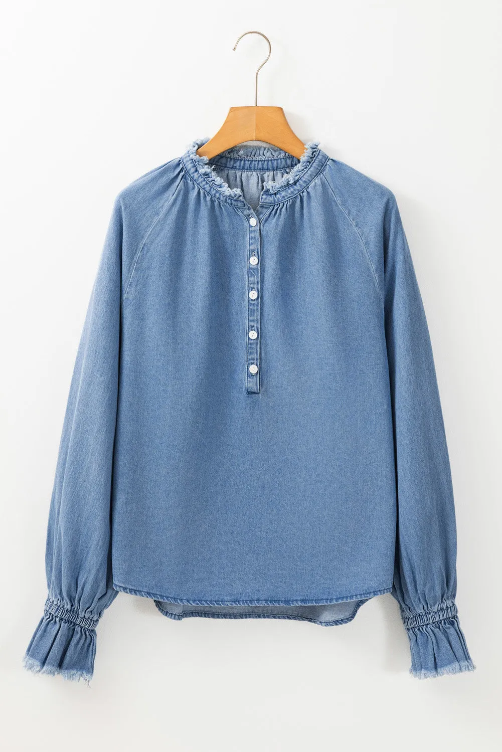 KaleaBoutique Frilled Raw Hem Half Buttoned Denim Top