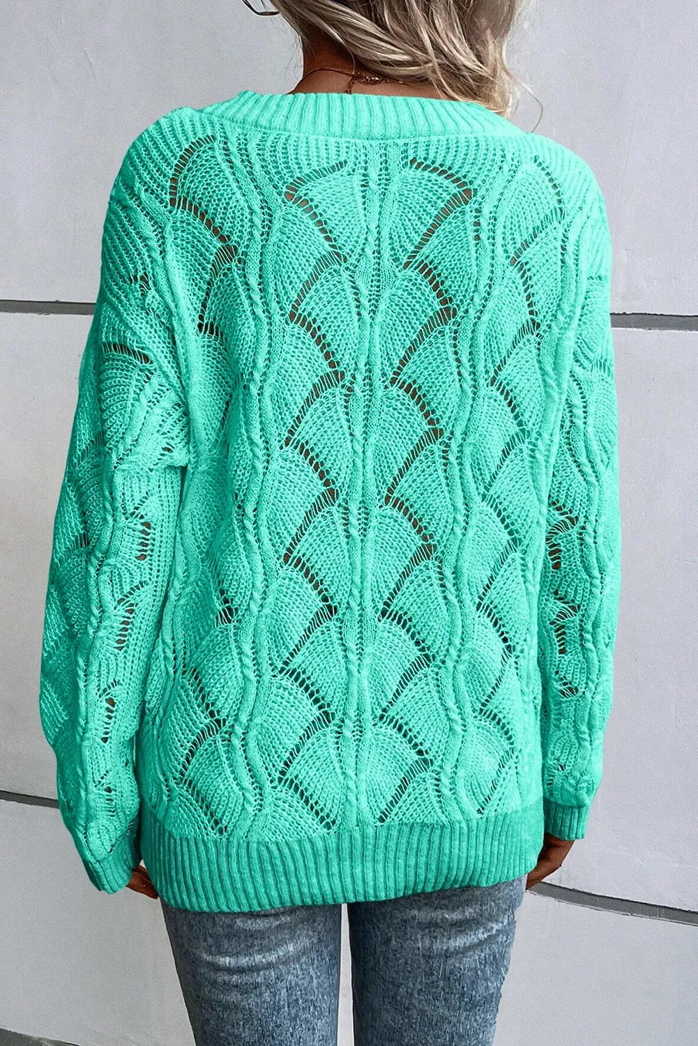 KaleaBoutique Hollow Out Knit V Neck Drop Shoulder Sweater