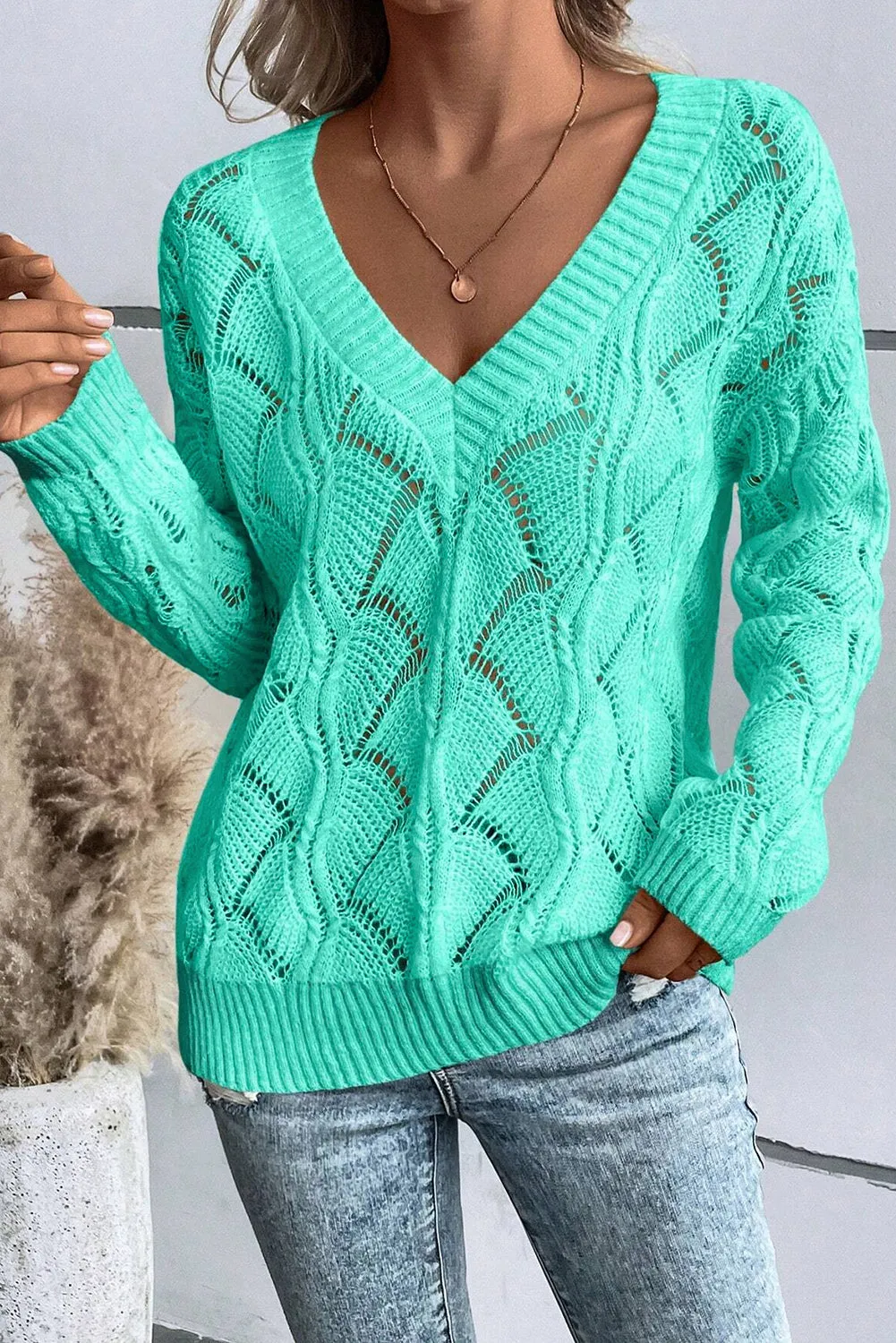 KaleaBoutique Hollow Out Knit V Neck Drop Shoulder Sweater