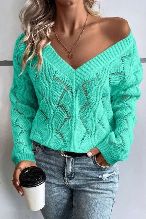 KaleaBoutique Hollow Out Knit V Neck Drop Shoulder Sweater