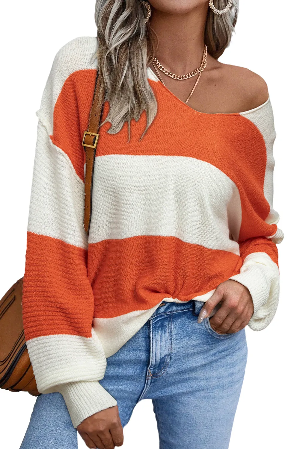 KaleaBoutique Loose Color Block Drop Shoulder Bubble Sleeve Sweater